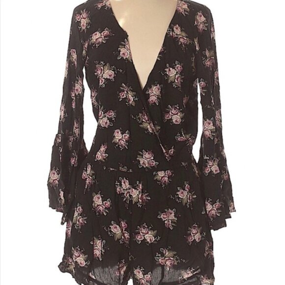 AMERICAN EAGLE AEO AE Wrap Romper Black Pink Floral Rose Long Sleeve Bell Sleeve - Picture 3 of 16